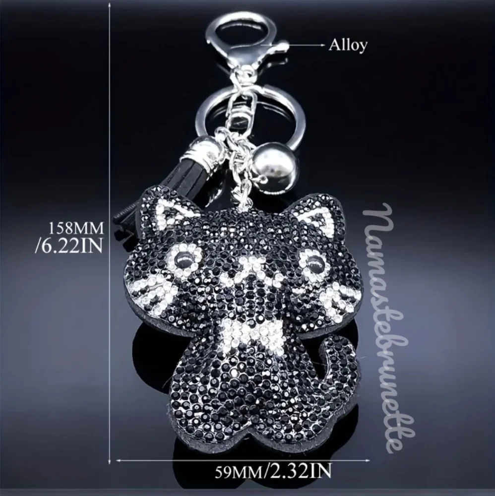 Kitty Cat Crystal Rhinestone Keychain Bag Charm With Black Tassel